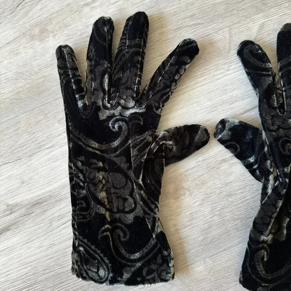 J & X NY Black & Gray Paisley Print Velvet Velour Gloves Women’s Size Medium